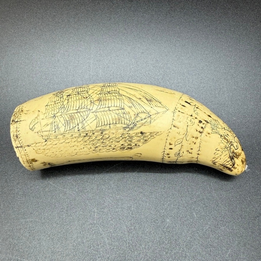 Vintage replica scrimshaw resin tooth flag ship liberty eagle patriotic